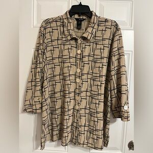 Ali Miles Women’s XL Top Geometric Black Beige Button Up Blouse Back Pleat Relax